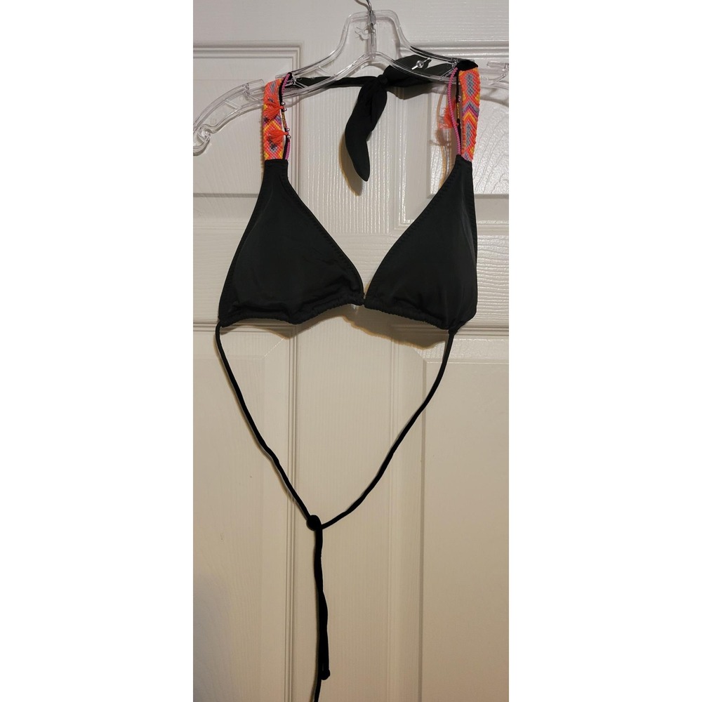 Victorias Secret Black Triangle Bikini Top‎ Woven Boho Tassel Straps Large